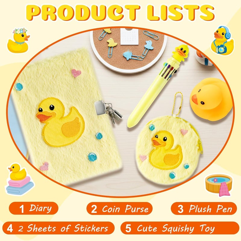 CY2SIDE 6PCS Yellow Rubber Duck Gift Set for 6-8 Year Old Girls, Cute Duck Plush Secret Diary Journal with Coin Purse Pen Sticker and Bath Toy, Birthday Gifts - Image 4